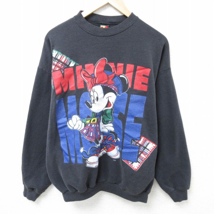XL★古着 長袖 スウェット メンズ 90年代 90s ディズニー DISNEY ミニーマウス クルーネック 黒 ブラック 【spe】 25feb05 中古 スエット トレーナー トップス