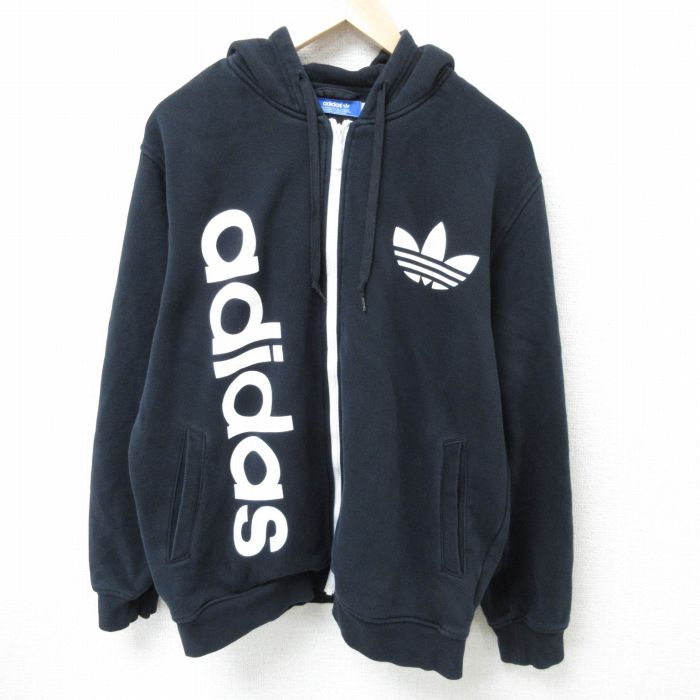 XL★古着 アディダス adidas 長袖 フルジップ スウェット パーカー メンズ ビッグロゴ リーフ トレフォイル 黒 ブラック 25feb05 中古 スエット トレーナー トップス