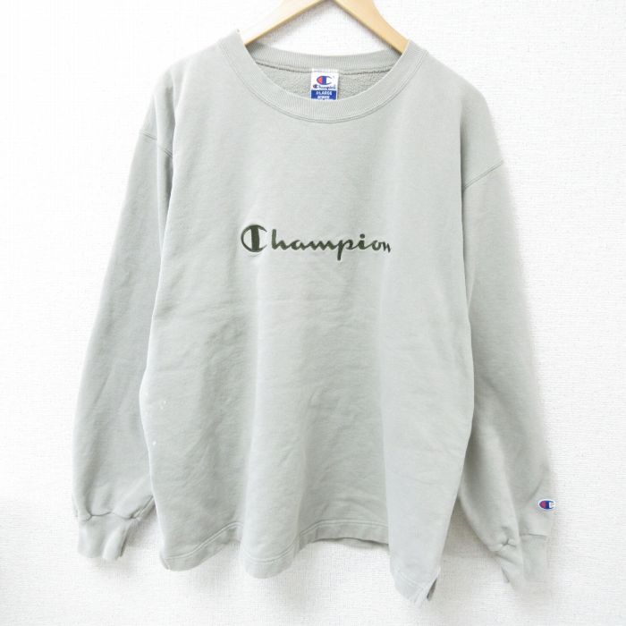 XL★古着 チャンピオン Champion 長袖 スウェット メンズ 90年代 90s ビッグロゴ 刺繍 大きいサイズ クルーネック グレー 25feb05 中古 スエット トレーナー トップス
