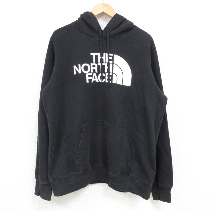 L★古着 ノースフェイス THE NORTH FACE 長袖 スウェット パーカー メンズ ビッグロゴ クルーネック 黒 ブラック 25feb06 中古 スエット トレーナー トップス