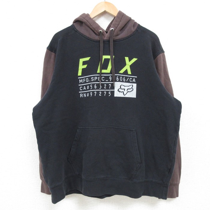 XL★古着 フォックス FOX 長袖 スウェット パーカー メンズ ビッグロゴ ツートンカラー 黒他 ブラック 25feb06 中古 スエット トレーナー トップス