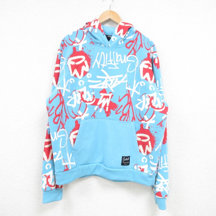 XL★古着 長袖 スウェット パーカー メンズ 総柄 水色 25feb06 中古 スエット トレーナー トップス