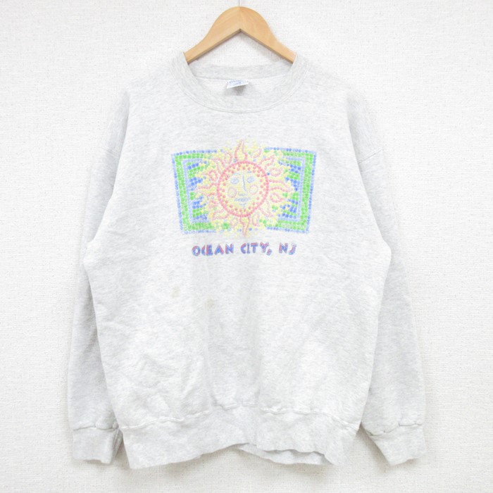 【50%OFF】L★古着 長袖 スウェット メンズ 90年代 90s 太陽 クルーネック USA製 薄グレー 霜降り 25feb06 中古 スエット トレーナー トップス