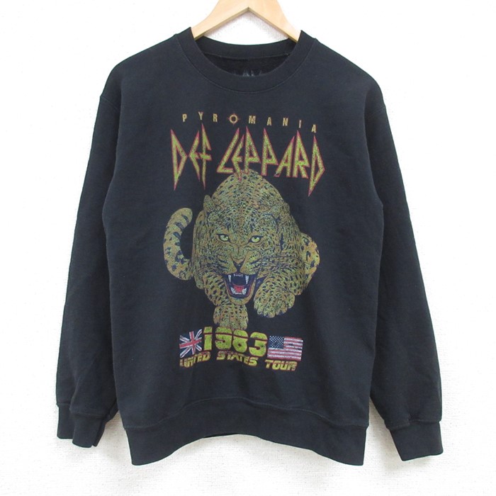 S★古着 長袖 ロック バンド スウェット メンズ デフレパード クルーネック 黒 ブラック 25feb06 中古 スエット トレーナー トップス