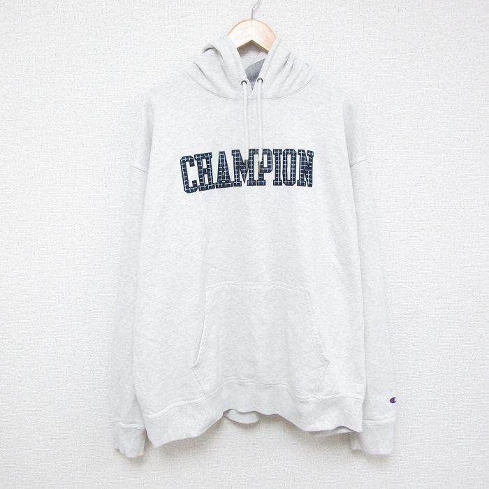 XL★古着 チャンピオン Champion 長袖 スウェット パーカー メンズ ビッグロゴ 大きいサイズ 薄グレー 霜降り 25feb07 中古 スエット トレーナー トップス