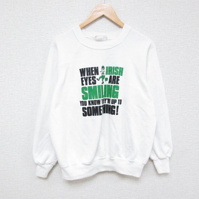 L★古着 長袖 スウェット メンズ 80年代 80s アイリッシュ ラグラン クルーネック USA製 白 ホワイト 25feb07 中古 スエット トレーナー トップス