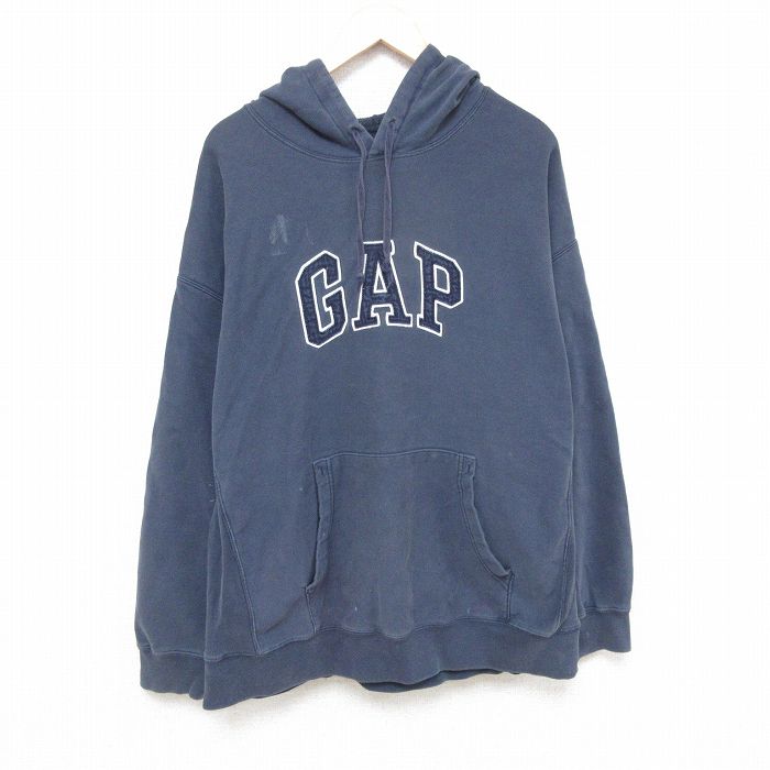 XL★古着 ギャップ GAP 長袖 スウェット パーカー メンズ 00年代 00s ビッグロゴ 刺繍 大きいサイズ 紺 ネイビー 25feb07 中古 スエット トレーナー トップス