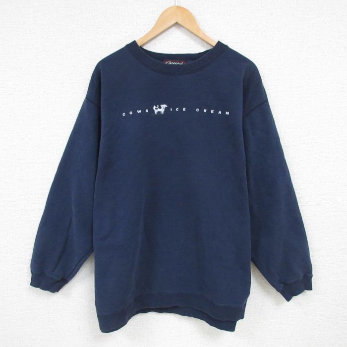 L★古着 長袖 スウェット メンズ 90年代 90s ウシ 大きいサイズ コットン クルーネック カナダ製 紺 ネイビー 25feb08 中古 スエット トレーナー トップス