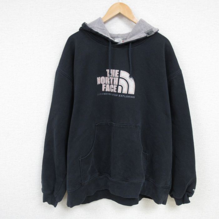 XL★古着 ノースフェイス THE NORTH FACE 長袖 スウェット パーカー メンズ ビッグロゴ 大きいサイズ 濃紺 ネイビー 25feb08 中古 スエット トレーナー トップス