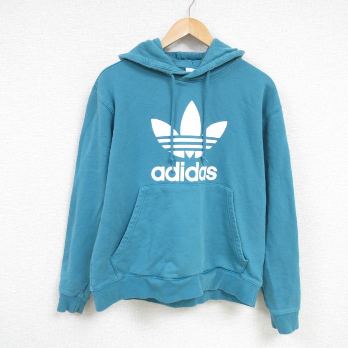 XL★古着 アディダス adidas 長袖 スウェット パーカー メンズ リーフ トレフォイル コットン 青緑 25feb08 中古 スエット トレーナー トップス