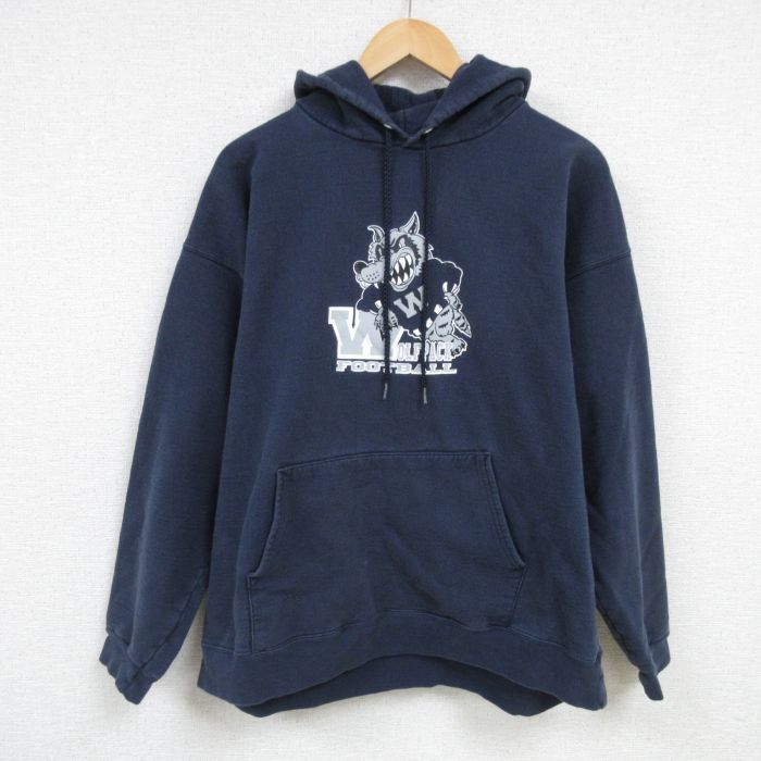 XL★古着 ヘインズ Hanes 長袖 スウェット パーカー メンズ 00年代 00s オオカミ サッカー 紺 ネイビー 25feb08 中古 スエット トレーナー トップス
