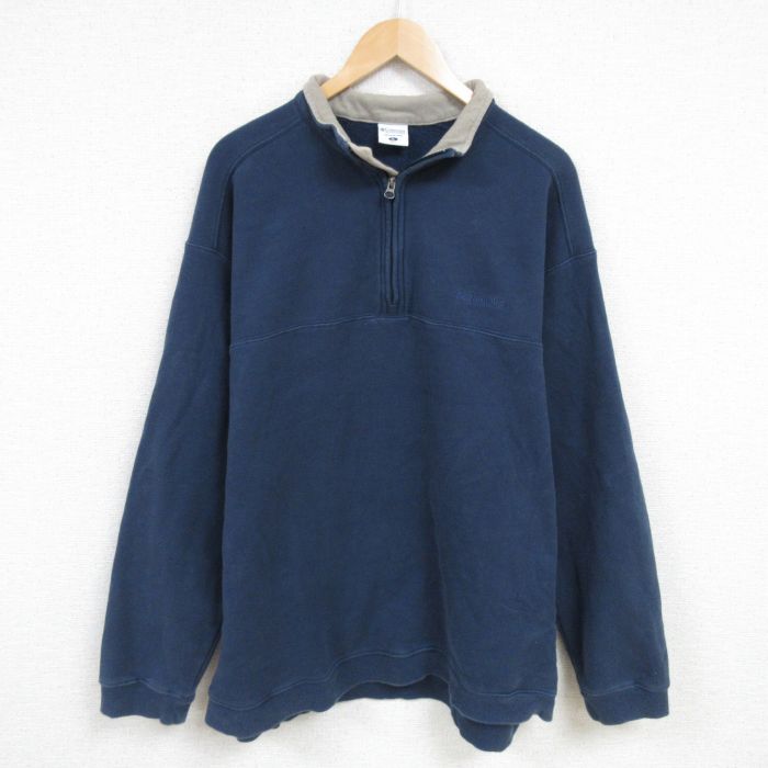 XL★古着 コロンビア COLUMBIA Columbia 長袖 ハーフジップ スウェット メンズ 00年代 00s ワンポイントロゴ 大きいサイズ 襟付き 紺 ネイビー 25feb08 中古 スエット トレーナー トップス