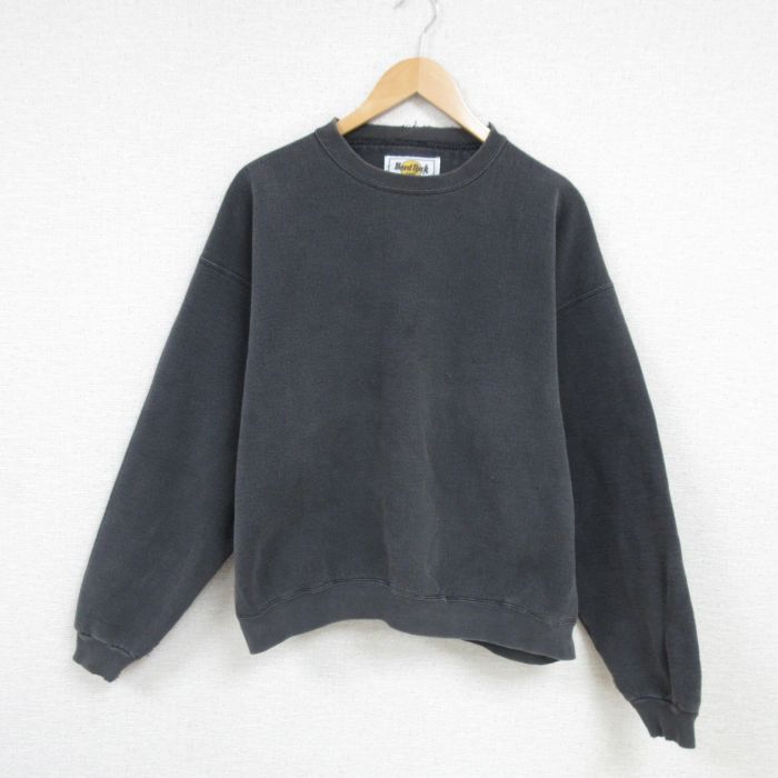 XL★古着 長袖 スウェット メンズ 90年代 90s ハードロックカフェ クルーネック USA製 濃グレー 25feb08 中古 スエット トレーナー トップス