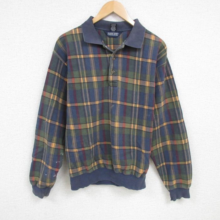 L★古着 ランズエンド 長袖 スウェット メンズ 00年代 00s 襟付き 紺 ネイビー チェック 25feb08 中古 スエット トレーナー トップス