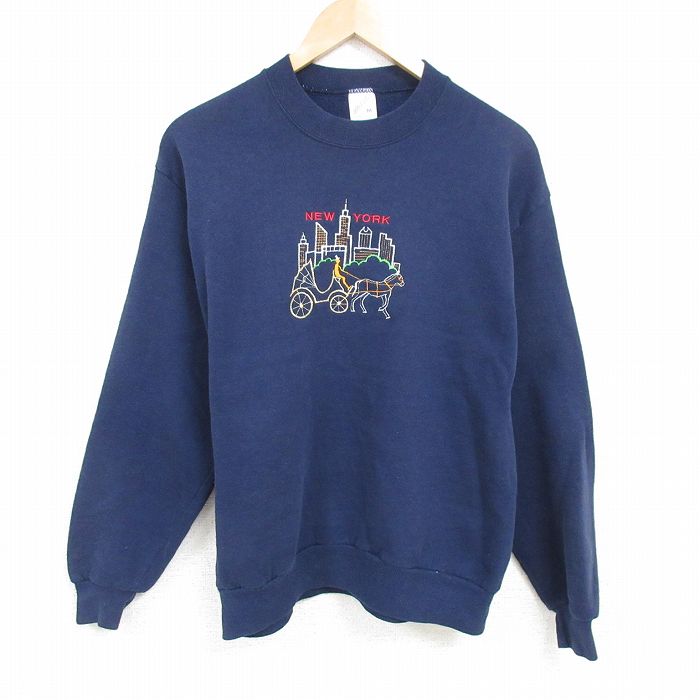【50%OFF】L★古着 ジャージーズ 長袖 スウェット メンズ 90年代 90s ニューヨーク 刺繍 クルーネック USA製 紺 ネイビー 25feb07 中古 スエット トレーナー トップス