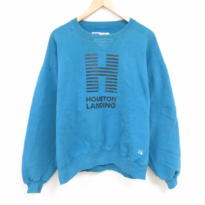 XL★古着 ラッセル 長袖 スウェット メンズ 00年代 00s ヒューストンランディング 大きいサイズ クルーネック 青緑 【spe】 25feb07 中古 スエット トレーナー トップス