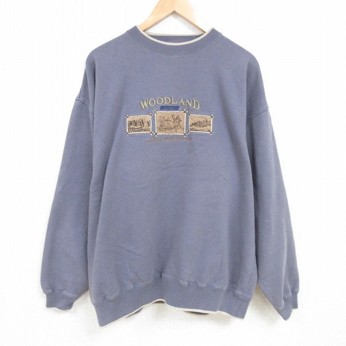 XL★古着 長袖 スウェット メンズ 00年代 00s 鹿 刺繍 大きいサイズ クルーネック グレー 25feb07 中古 スエット トレーナー トップス