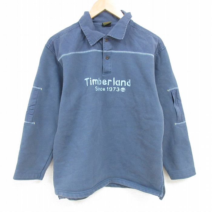 【50%OFF】L★古着 ティンバーランド Timberland 長袖 スウェット メンズ 00年代 00s ビッグロゴ 襟付き 薄紺 ネイビー 25feb07 中古 スエット トレーナー トップス