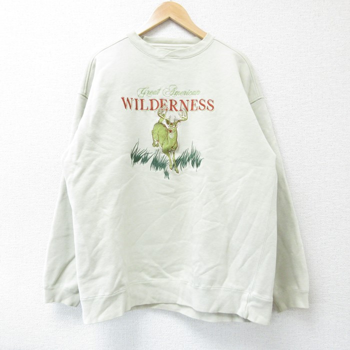 L★古着 長袖 スウェット メンズ シカ 刺繍 クルーネック ベージュ カーキ 25feb08 中古 スエット トレーナー トップス