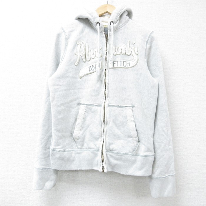 M★古着 アバクロンビー Abercrombie&fitch 長袖 フルジップ スウェット パーカー メンズ ビッグロゴ 薄グレー 霜降り 25feb08 中古 スエット トレーナー トップス