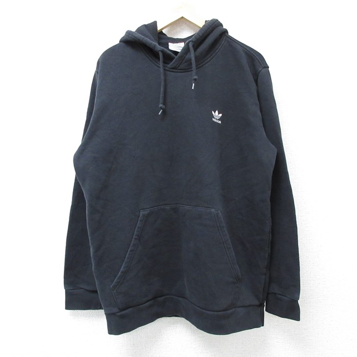 L★古着 アディダス adidas 長袖 スウェット パーカー メンズ ワンポイントロゴ 黒 ブラック 25feb08 中古 スエット トレーナー トップス