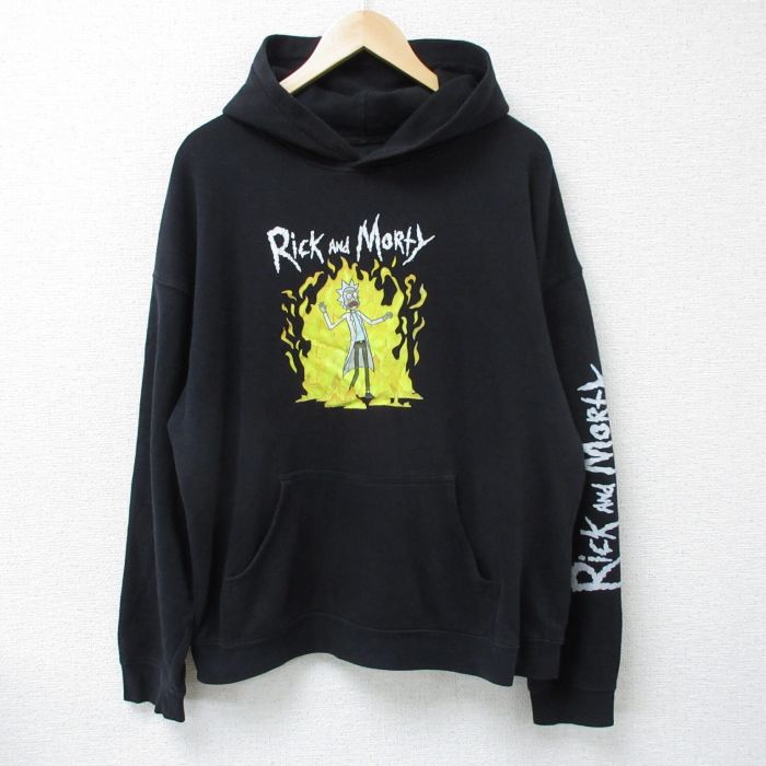 【50%OFF】XL★古着 長袖 スウェット パーカー メンズ アニメ リックアンドモーティ 大きいサイズ 黒 ブラック 25feb10 中古 スエット トレーナー トップス
