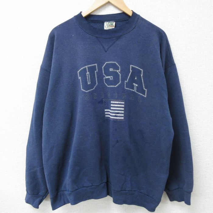 【50%OFF】XL★古着 長袖 スウェット メンズ 90年代 90s USAロゴ 星条旗 クルーネック USA製 紺 ネイビー 霜降り 25feb10 中古 スエット トレーナー トップス