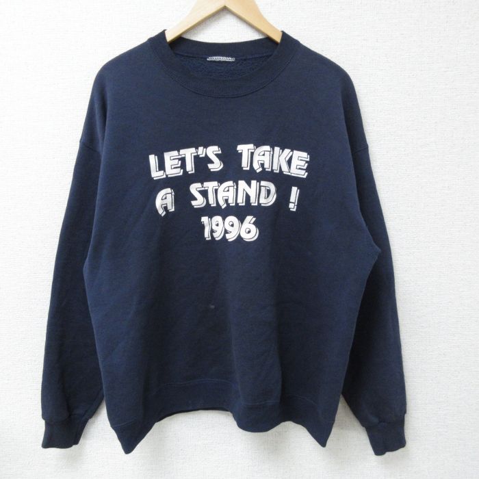 【50%OFF】XL★古着 長袖 スウェット メンズ 90年代 90s メッセージ クルーネック 紺 ネイビー 25feb10 中古 スエット トレーナー トップス