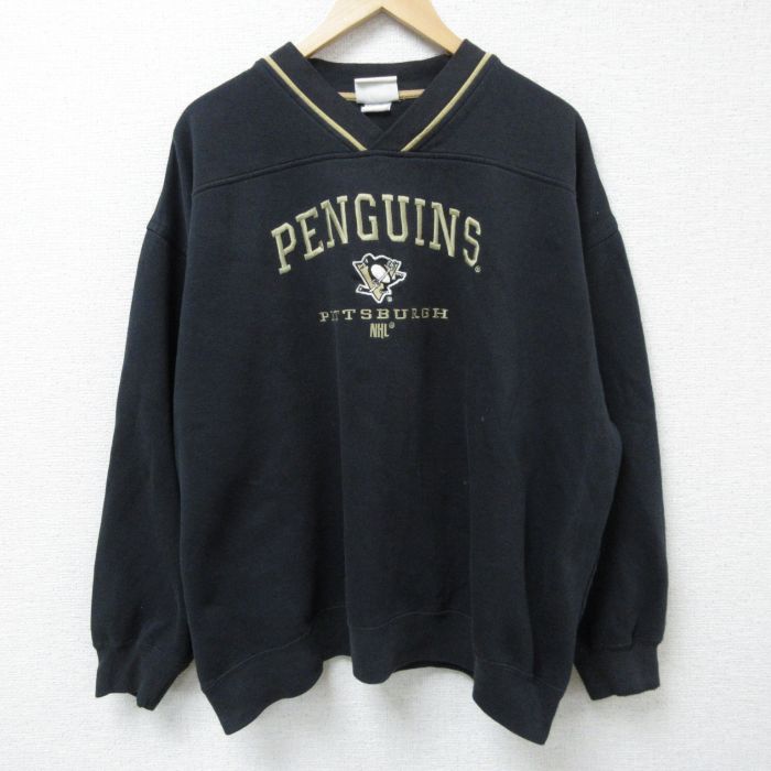 XL★古着 リー Lee 長袖 スウェット メンズ 00年代 00s NHL ピッツバーグペンギンズ 刺繍 大きいサイズ Vネック 黒 ブラック アイスホッケー 25feb10 中古 スエット トレーナー トップス