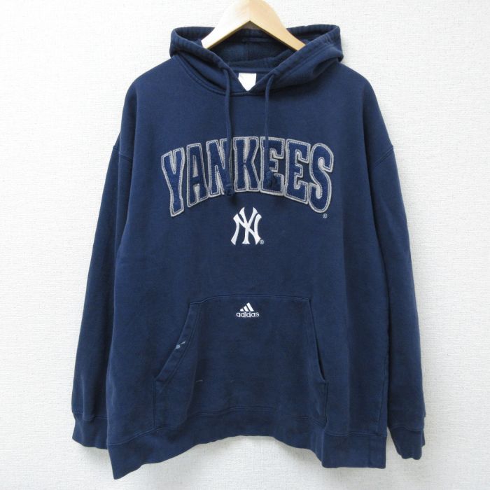 XL★古着 アディダス adidas 長袖 スウェット パーカー メンズ 00年代 00s MLB ニューヨークヤンキース 刺繍 大きいサイズ 紺 ネイビー メジャーリーグ ベースボール 野球 25feb10 中古 スエット トレーナー トップス