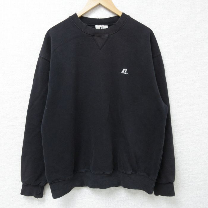 XL★古着 ラッセル 長袖 スウェット パーカー メンズ ワンポイントロゴ 黒 ブラック 25feb10 中古 スエット トレーナー トップス