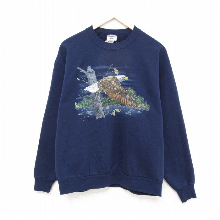 【50%OFF】L★古着 ジャージーズ 長袖 スウェット メンズ 00年代 00s 鳥 クルーネック 紺 ネイビー 25feb10 中古 スエット トレーナー トップス