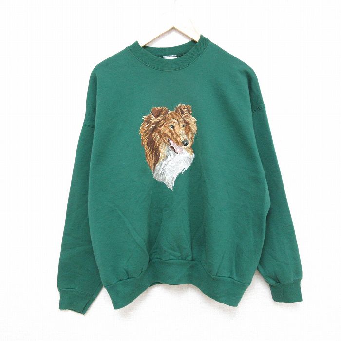 XL★古着 ヘインズ Hanes 長袖 スウェット メンズ 00年代 00s 犬 刺繍 クルーネック 緑 グリーン 【spe】 25feb10 中古 スエット トレーナー トップス