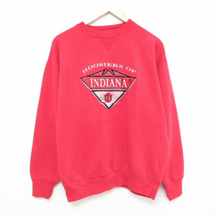 L★古着 長袖 スウェット メンズ 90年代 90s インディアナフージャース 刺繍 クルーネック 赤 レッド 25feb10 中古 スエット トレーナー トップス