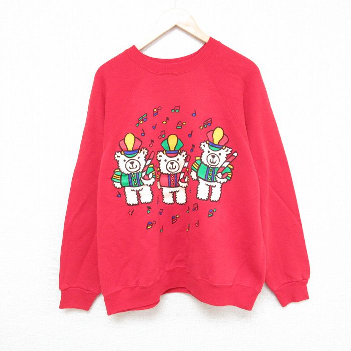 XL★古着 TULTEX 長袖 スウェット メンズ 90年代 90s クマ ラグラン クルーネック 赤 レッド 25feb10 中古 スエット トレーナー トップス