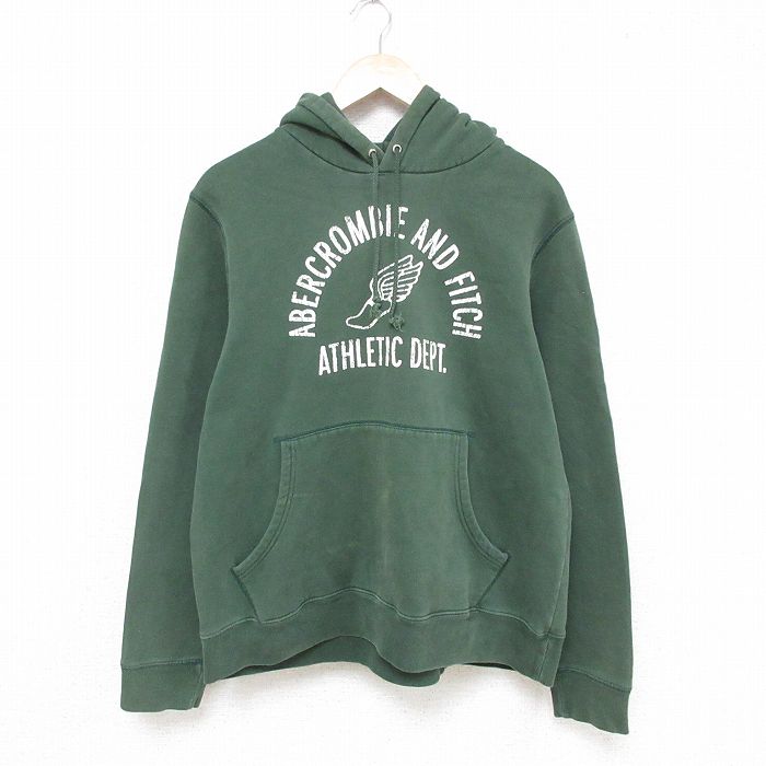 L★古着 アバクロンビー Abercrombie&fitch 長袖 スウェット パーカー メンズ ビッグロゴ 緑 グリーン 25feb10 中古 スエット トレーナー トップス