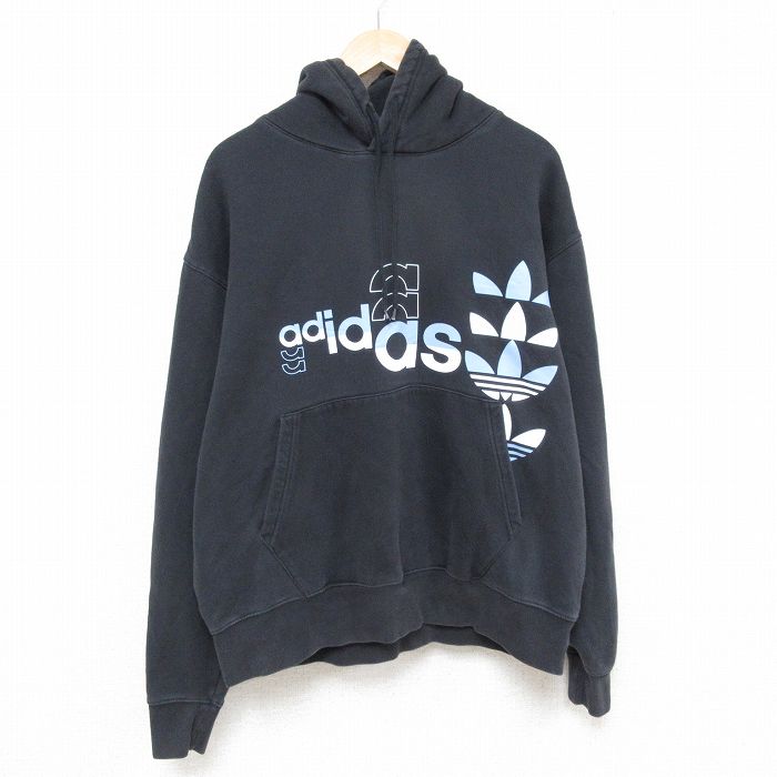 XL★古着 アディダス adidas 長袖 スウェット パーカー メンズ ビッグロゴ リーフトレフォイル 大きいサイズ クルーネック 黒 ブラック 25feb10 中古 スエット トレーナー トップス