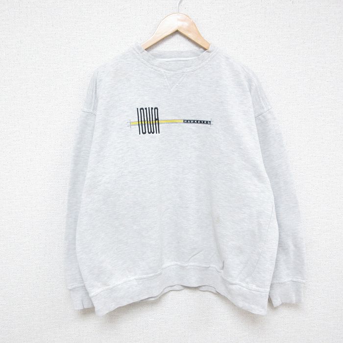 【50%OFF】XL★古着 ジャンスポーツ 長袖 スウェット メンズ 00年代 00s アイオワホークアイズ 刺繍 クルーネック 薄グレー 霜降り 25feb10 中古 スエット トレーナー トップス