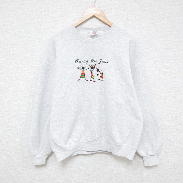 L★古着 ジャージーズ 長袖 スウェット メンズ 90年代 90s 刺繍 クルーネック USA製 薄グレー 霜降り 25feb10 中古 スエット トレーナー トップス