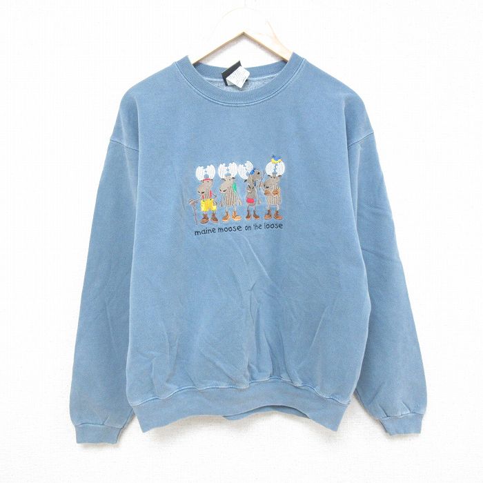 L★古着 長袖 スウェット メンズ 00年代 00s シカ 刺繍 クルーネック 薄紺 ネイビー 25feb10 中古 スエット トレーナー トップス