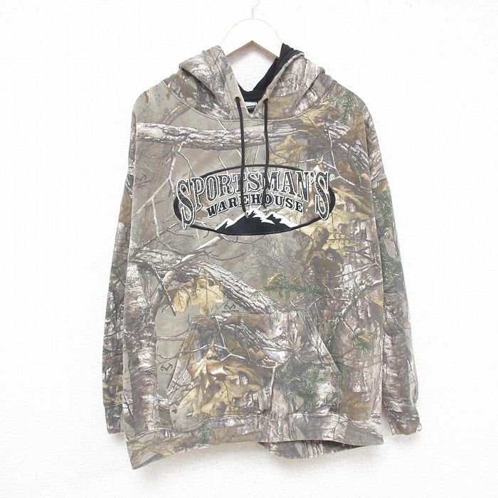 XL★古着 長袖 スウェット パーカー メンズ 山 刺繍 リアルツリー 大きいサイズ 茶他 ブラウン 迷彩 25feb10 中古 スエット トレーナー トップス