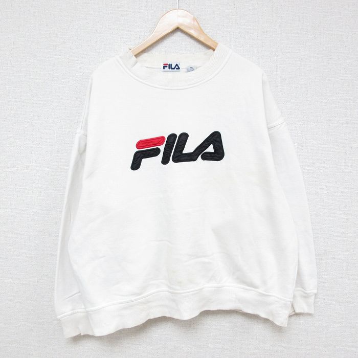 XL★古着 フィラ FILA 長袖 スウェット メンズ 00年代 00s ビッグロゴ 刺繍 大きいサイズ クルーネック 白 ホワイト 25feb10 中古 スエット トレーナー トップス