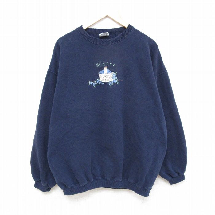 【50%OFF】XL★古着 長袖 スウェット メンズ 00年代 00s メイン 刺繍 クルーネック 紺 ネイビー 25feb10 中古 スエット トレーナー トップス
