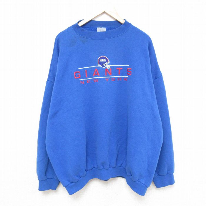 XL★古着 長袖 スウェット メンズ 90年代 90s NFL ニューヨークジャイアンツ 刺繍 大きいサイズ クルーネック USA製 青 ブルー アメフト スーパーボウル 【spe】 25feb10 中古 スエット トレーナー トップス
