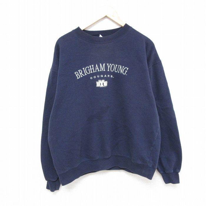 XL★古着 長袖 スウェット メンズ ブリガムヤング 刺繍 クルーネック 紺 ネイビー 25feb10 中古 スエット トレーナー トップス