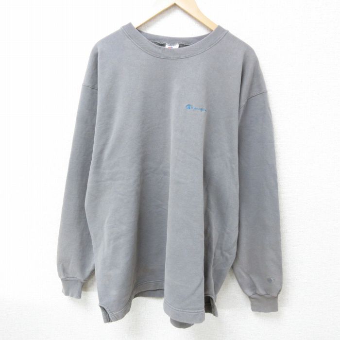 XL★古着 チャンピオン Champion 長袖 スウェット メンズ 90年代 90s ワンポイントロゴ 大きいサイズ クルーネック グレー 25feb12 中古 スエット トレーナー トップス
