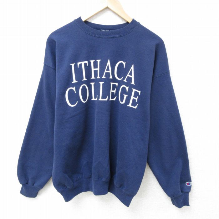 L★古着 チャンピオン Champion 長袖 スウェット メンズ 90年代 90s ITHACA カレッジ クルーネック 紺 ネイビー 25feb12 中古 スエット トレーナー トップス