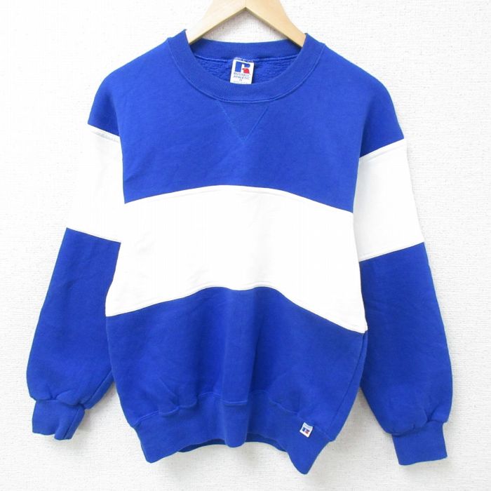S★古着 ラッセル 長袖 スウェット メンズ 90年代 90s ツートンカラー クルーネック USA製 青他 ブルー 【spe】 25feb12 中古 スエット トレーナー トップス