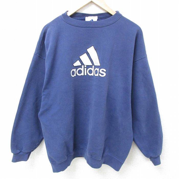 XL★古着 アディダス adidas 長袖 スウェット メンズ 90年代 90s ビッグロゴ 刺繍 クルーネック 紺 ネイビー 25feb12 中古 スエット トレーナー トップス