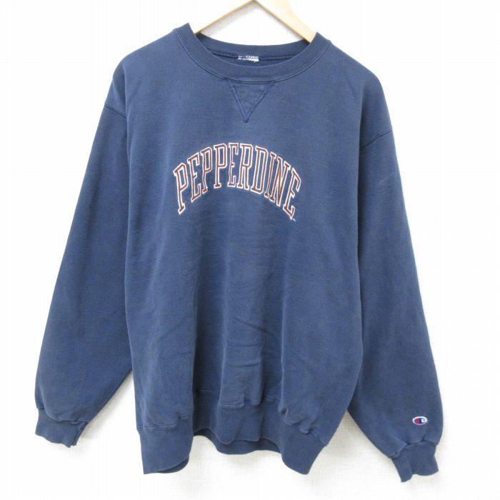 XL★古着 チャンピオン Champion 長袖 スウェット メンズ PEPPERDINE 刺繍 クルーネック 紺 ネイビー 25feb12 中古 スエット トレーナー トップス